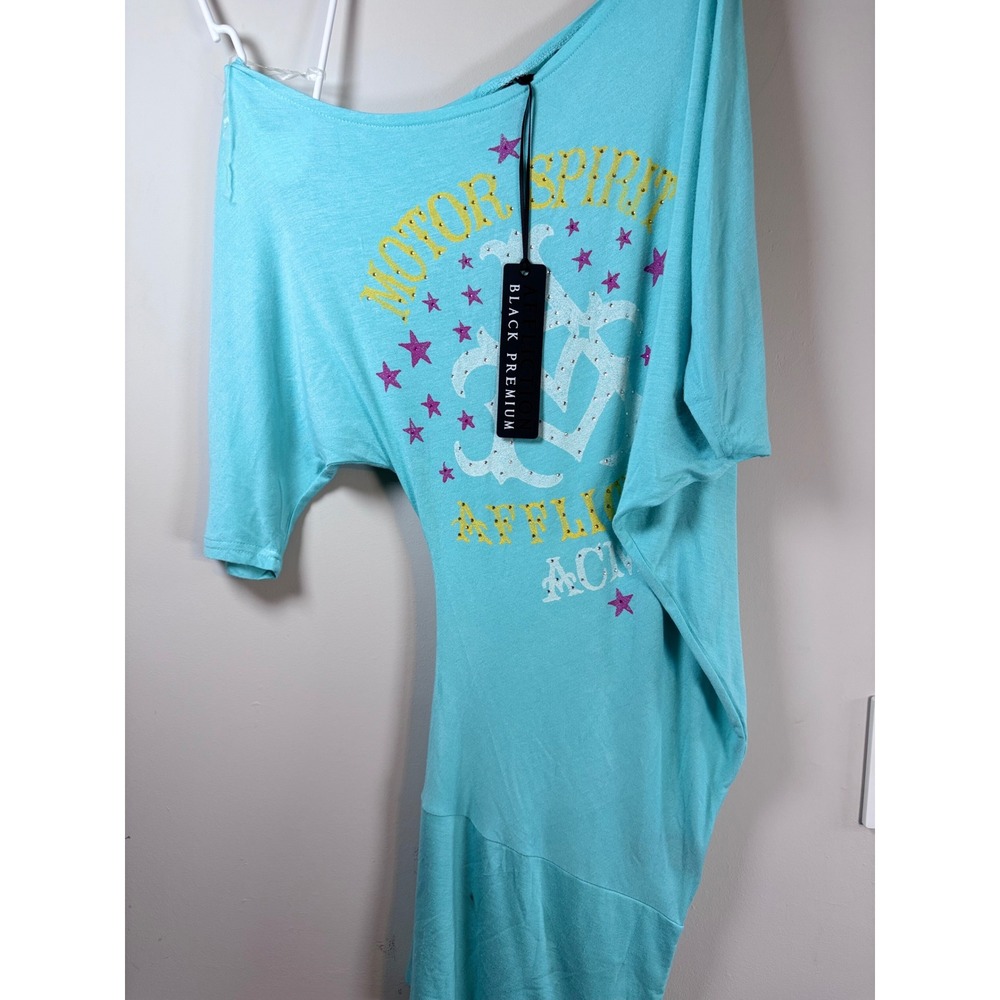 Affliction Black Premium One Shoulder Graphic Tunic Top Turquoise Blue XS NWT